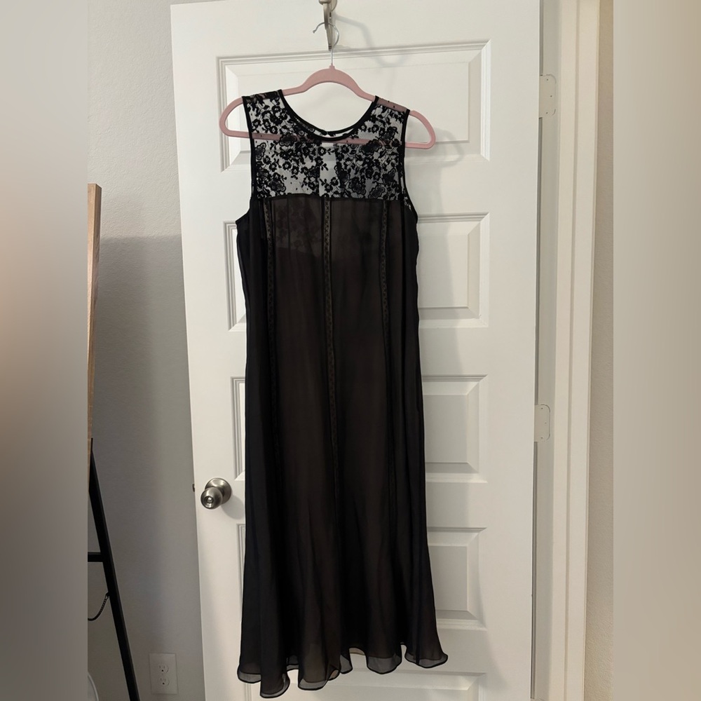 VTG Maggy London black 20s style silk & chiffon lace fit flare slip dress SZ 14